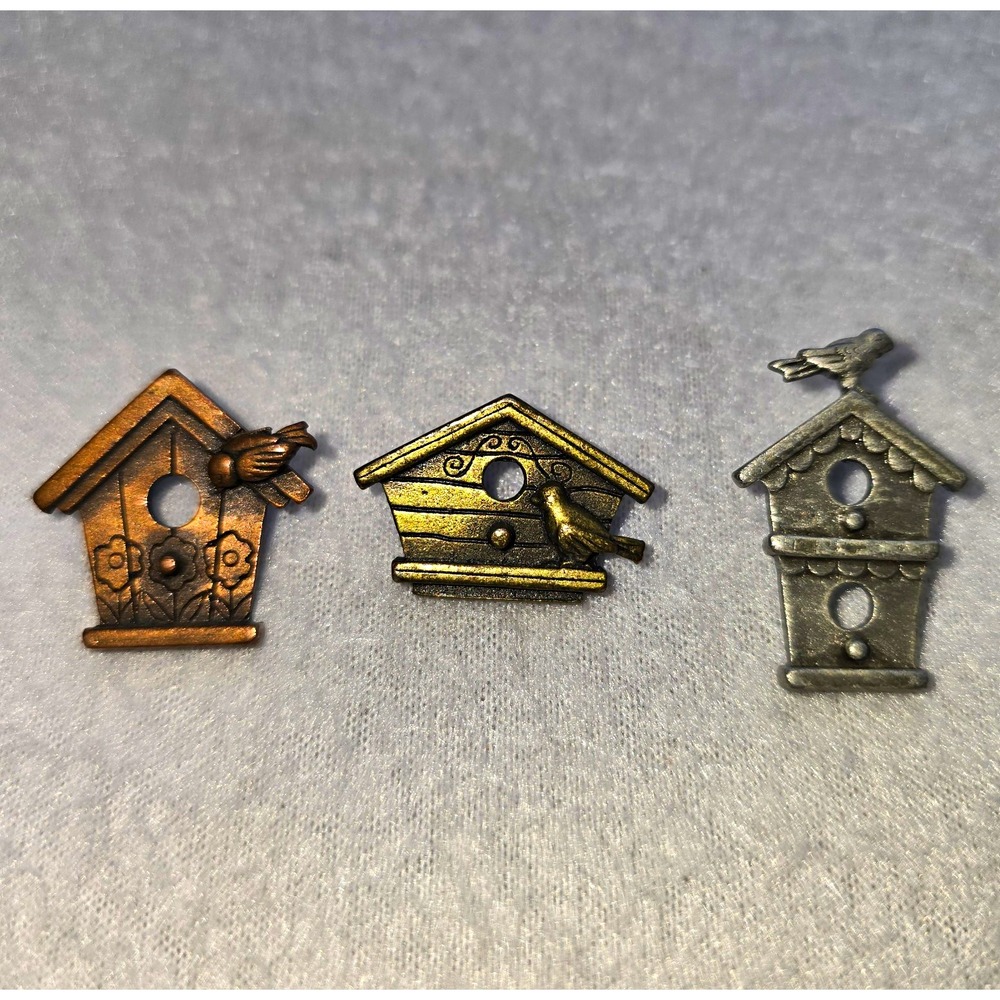 VTG Signed JJ Jonette Mixed Metal Birdhouse Lapel Pin Lot 3 Cottagecore Coquette
